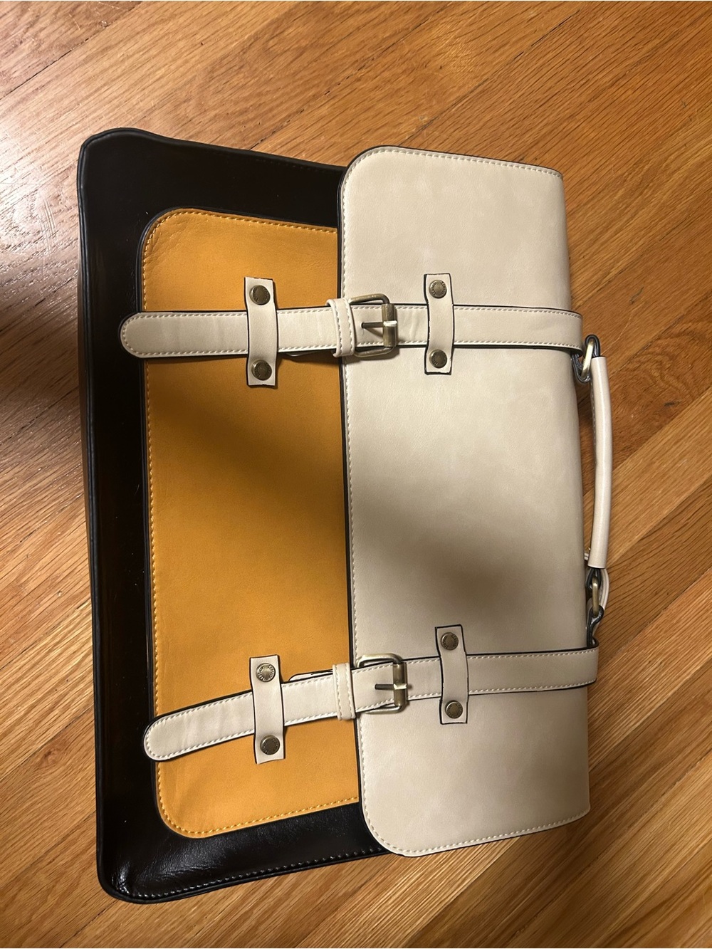 Tricolor Leather Briefcase with detachable straps - Cream, Mustard & Black